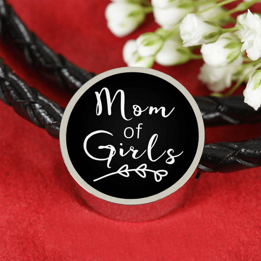 Mom Of Girls - Round Leather Bracelet - Black