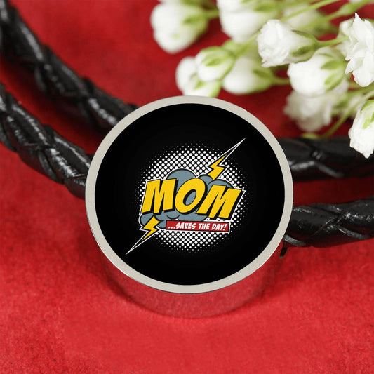 Mom Saves The Day Leather Bracelet Round - Dark