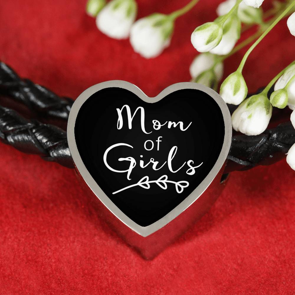 Mom Of Girls - Heart Leather Bracelet - Black