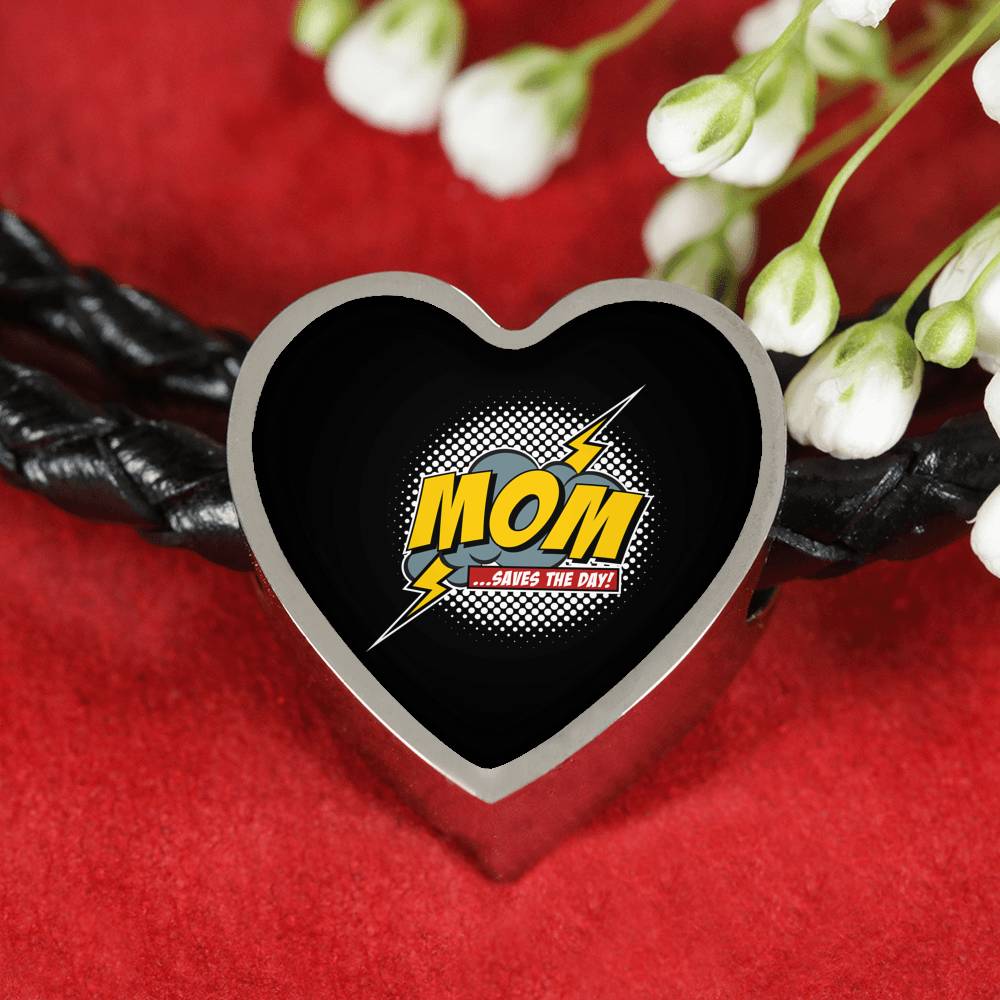 Mom Saves The Day Leather Bracelet Heart- Dark