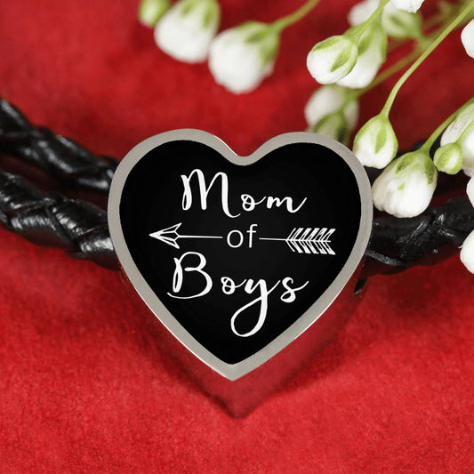 Mom Of Boys - Heart Leather Bracelet - Black