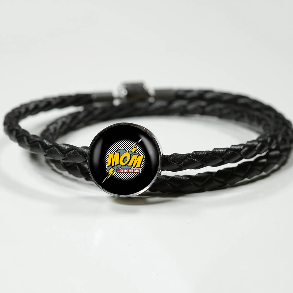 Mom Saves The Day Leather Bracelet Round - Dark