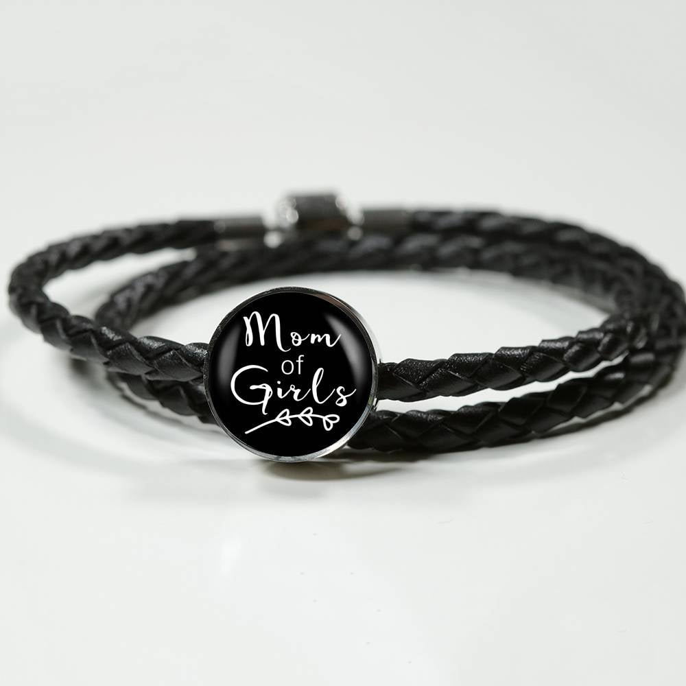 Mom Of Girls - Round Leather Bracelet - Black