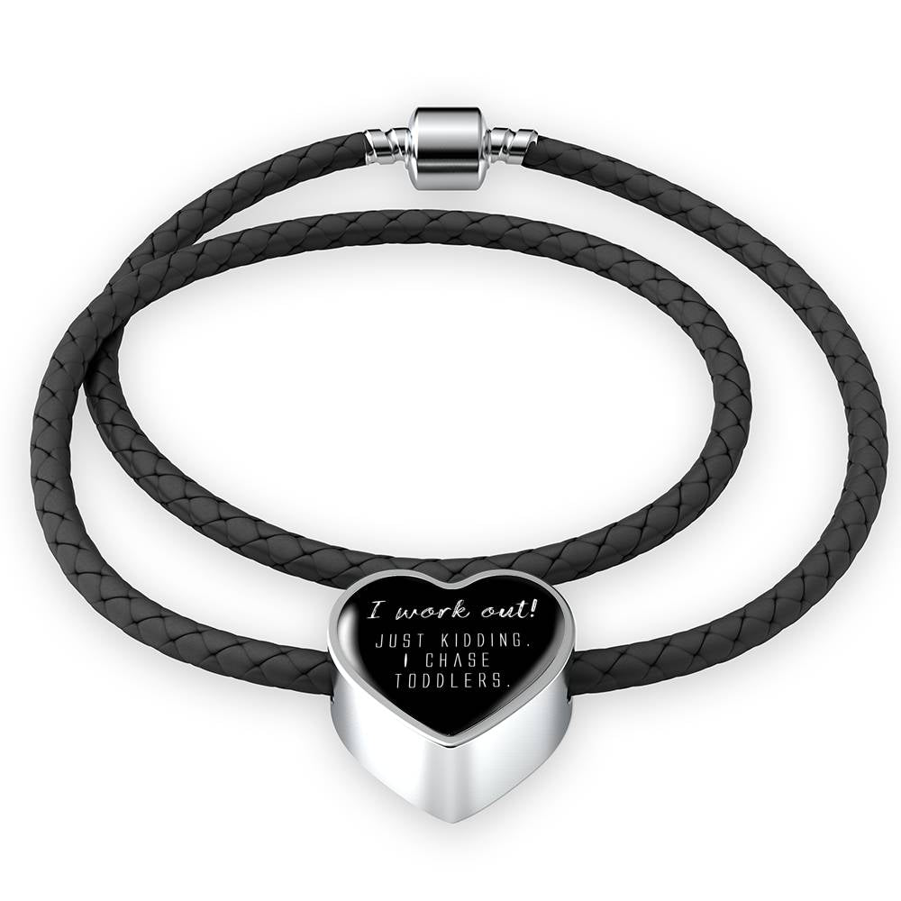 I Work Out! - Heart Leather Bracelet - Black