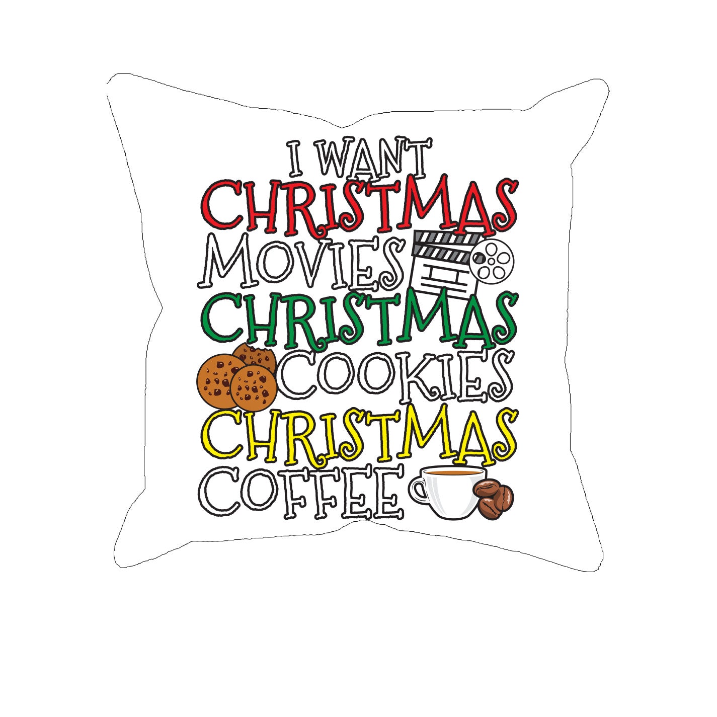 Unique Sublimated Pillow Case - I Want Christmas Movies, Christmas Cookies, Christmas Coffee We all love this holiday season on the big screen with 24X7 holiday movies and shows bringing warmth and smiles and good feelings