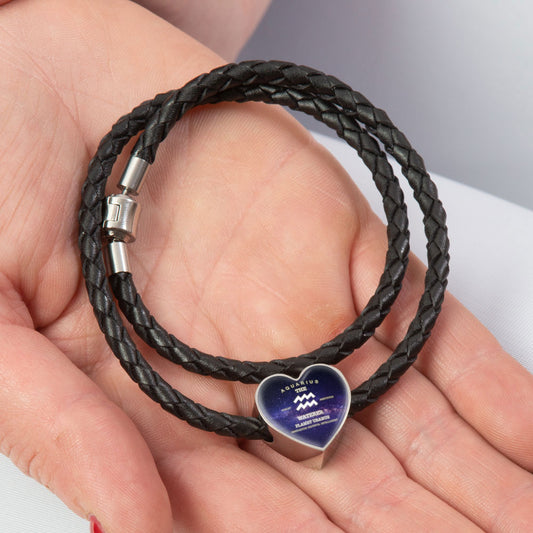 Aquarius Zodiac Heart Leather Bracelet