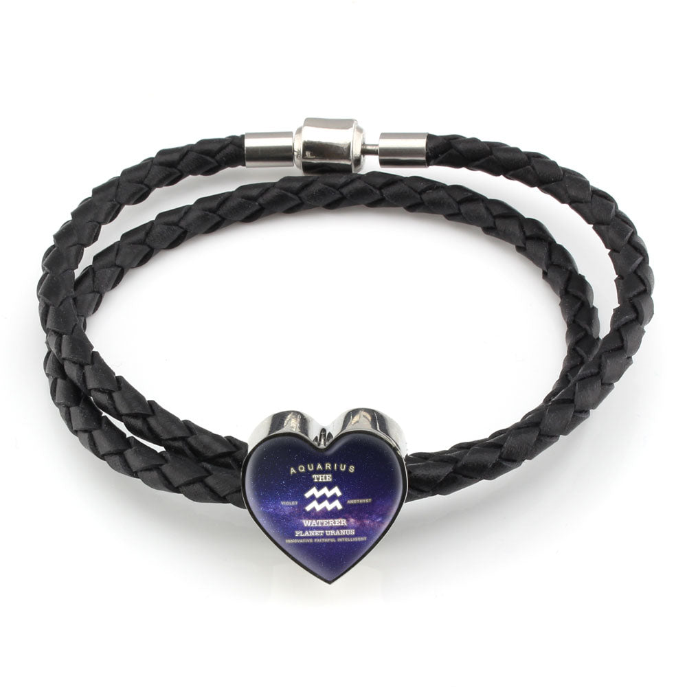 Aquarius Zodiac Heart Leather Bracelet