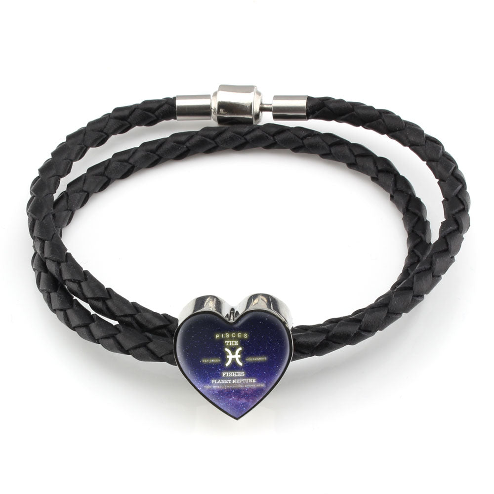Pisces Zodiac Heart Leather Bracelet