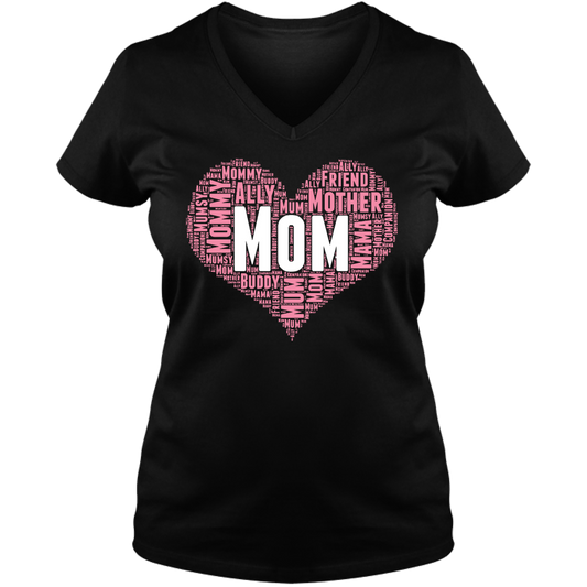Mom Heart Ladies V Neck Tee - Dark