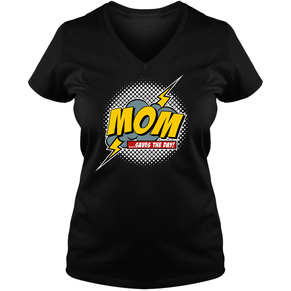 Mom Saves The Day Ladies V Neck Tee - Dark