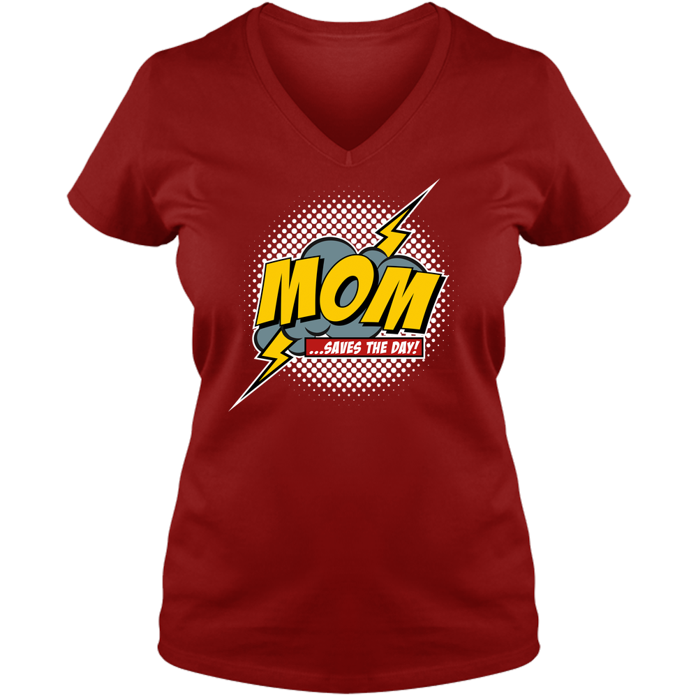Mom Saves The Day Ladies V Neck Tee - Dark